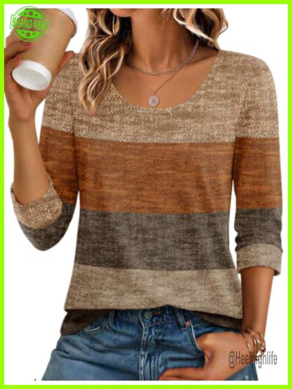 Ekouaer 3/4 Sleeve Scoop Neck Casual Basic Tee Women's T-Shirt